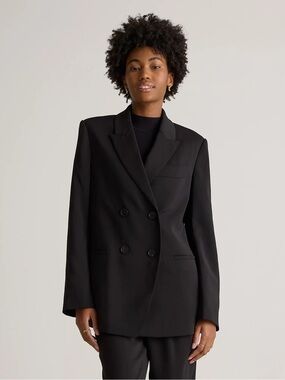 NEW Quince Stretch Crepe Relaxed Double Breasted Blazer Black Large Jacket NWT